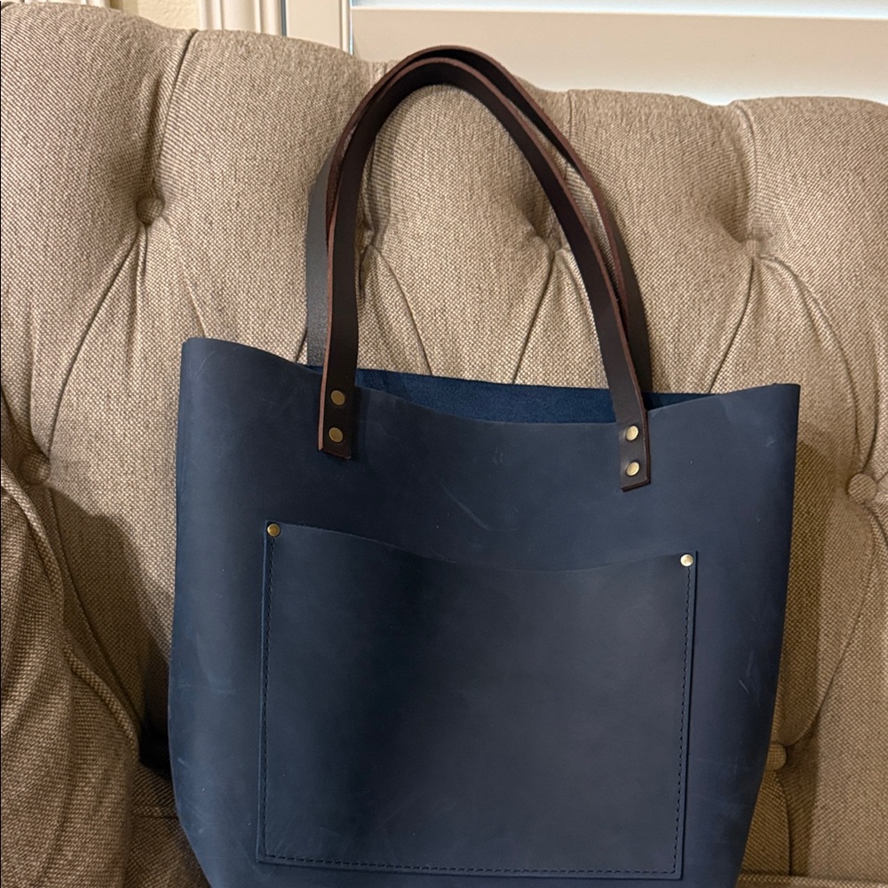 Portland Leather Navy Tote with Brown Handles